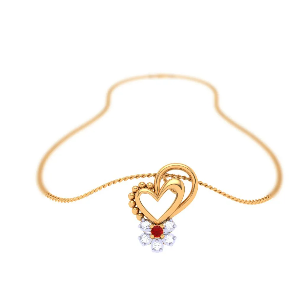 18k Diamond & Red -stone Studded Heart Gold Pendant