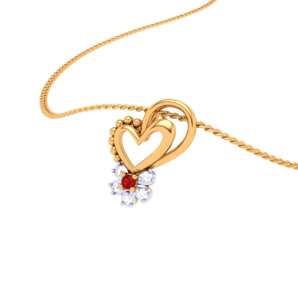 18k Diamond & Red -stone Studded Heart Gold Pendant