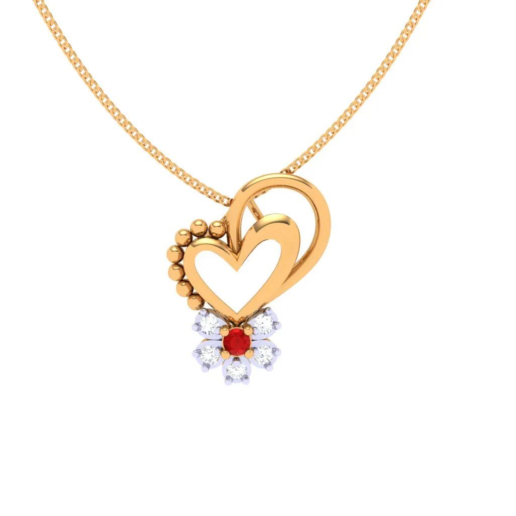 18k Diamond & Red -stone Studded Heart Gold Pendant