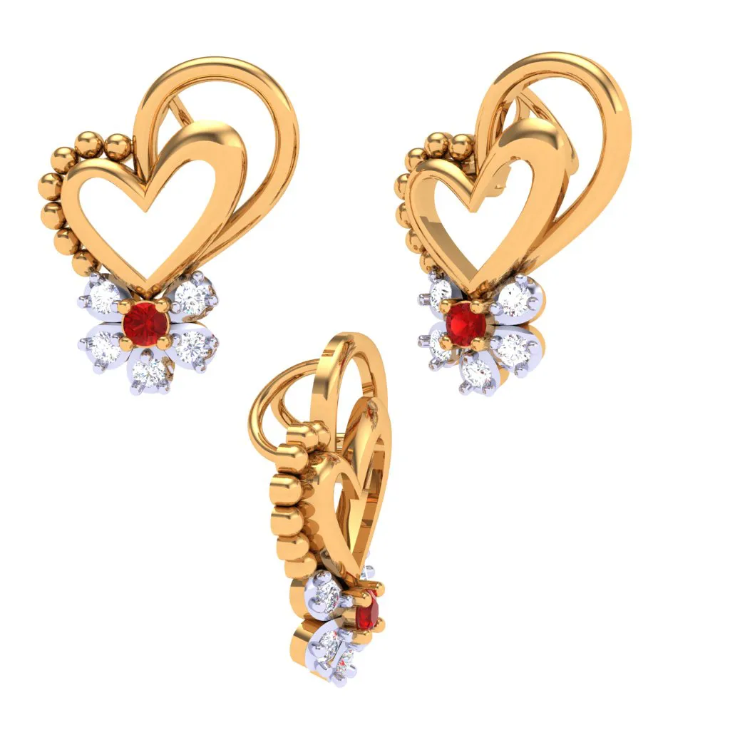 18k Diamond & Red -stone Studded Heart Gold Pendant