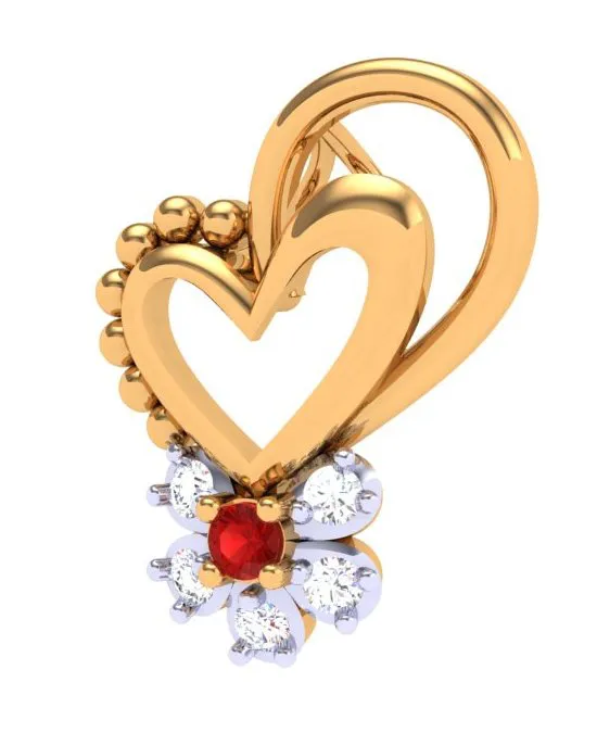 18k Diamond & Red -stone Studded Heart Gold Pendant