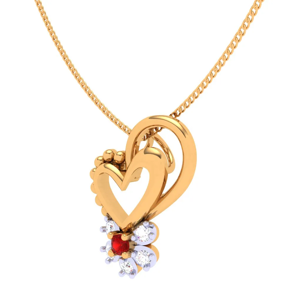 18k Diamond & Red -stone Studded Heart Gold Pendant