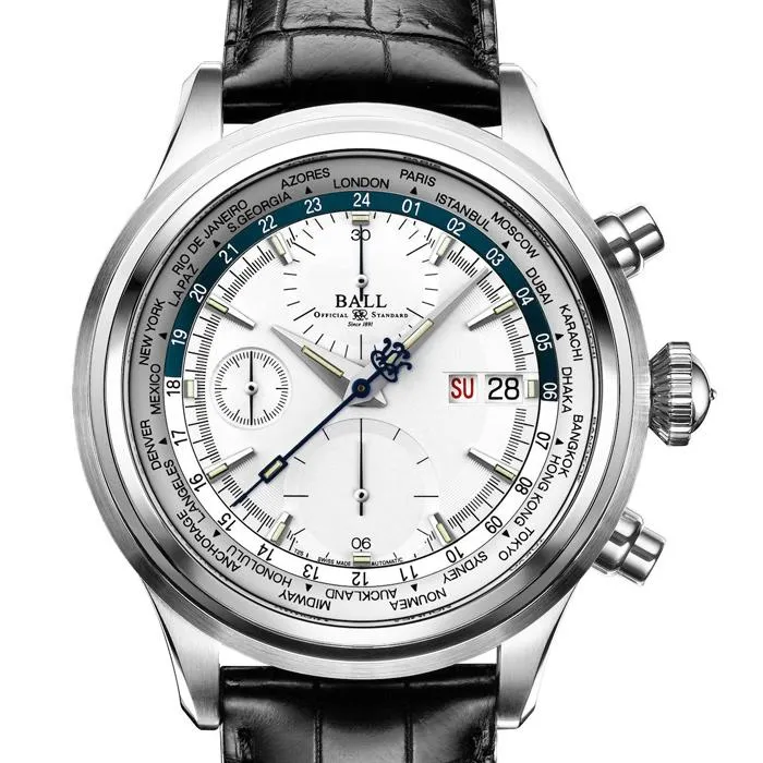 BALL Watch Trainmaster Worldtime Chronograph Automatic Stainless Steel Leather Strap Watch, CM2052D-LL1J-SLBE