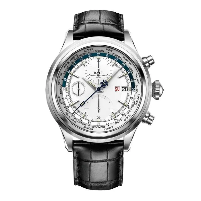 BALL Watch Trainmaster Worldtime Chronograph Automatic Stainless Steel Leather Strap Watch, CM2052D-LL1J-SLBE