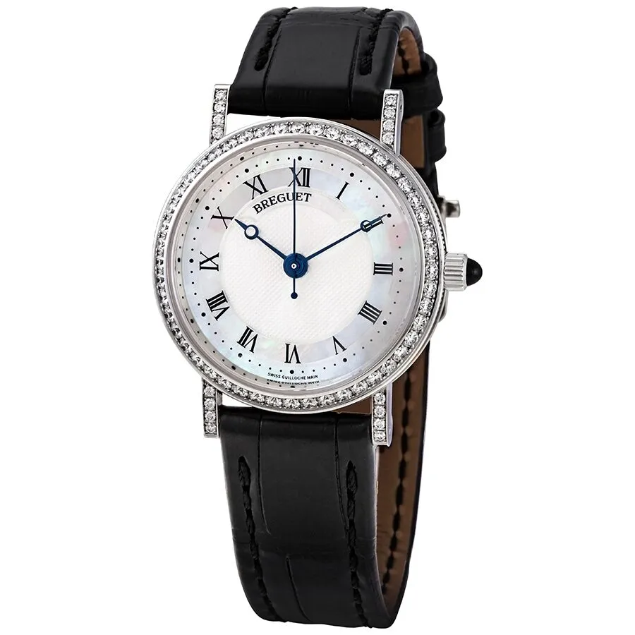 Breguet Classique Mother of Pearl Dial 18kt White Gold Diamond Black Leather Ladies Watch 8068BB52964DD00 8068BB/52/964.DD00