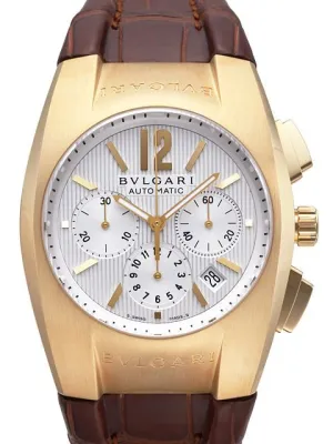 Bvlgari Ergon Silver Dial 18kt Yellow Gold Brown Leather Men's Watch EG40C6GLDCH
