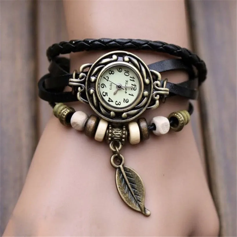 Fashion Roma Watches Number Vintage Women Leather Watches Men Ladies Dress Female Rivet Wrap Quartz Braided Bracelet Watch2/