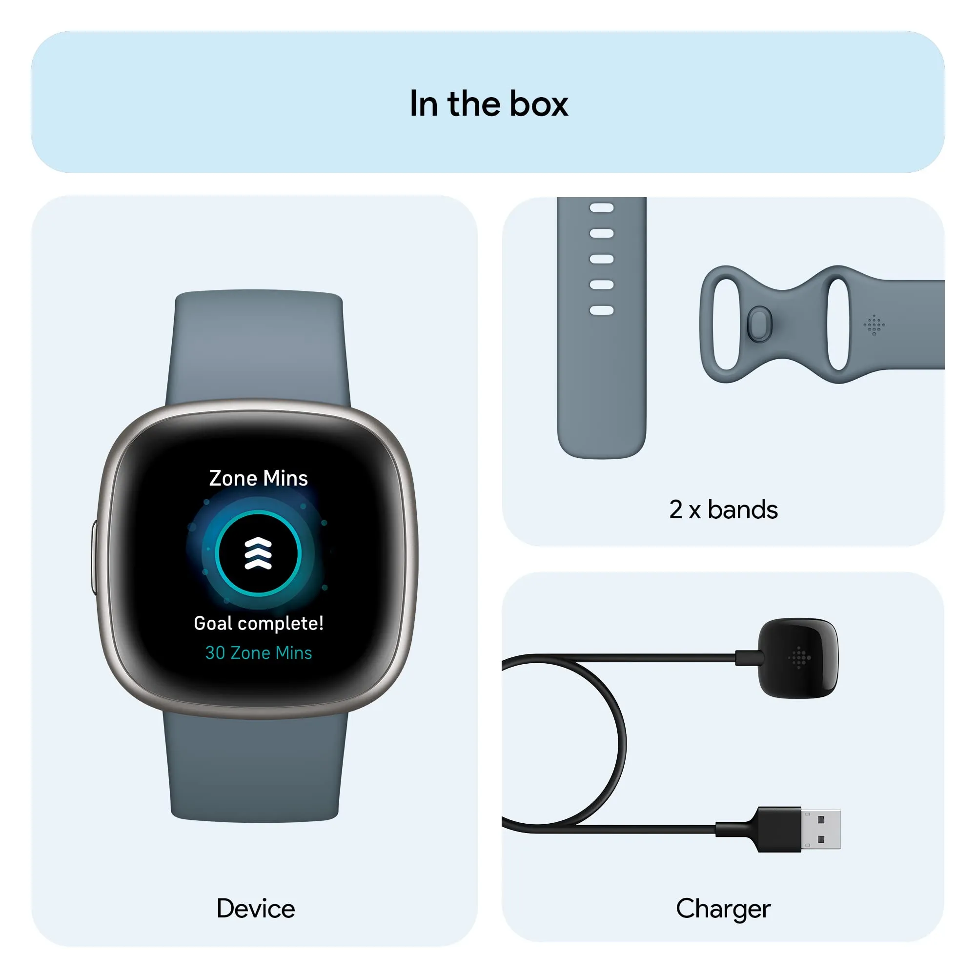 Fitbit Versa 4 Fitness Smartwatch with Daily Readiness, GPS, 24/7 Heart Rate, 40  Exercise Modes, Sleep Tracking and more, Waterfall Blue/Platinum, One Size (S & L Bands Included)