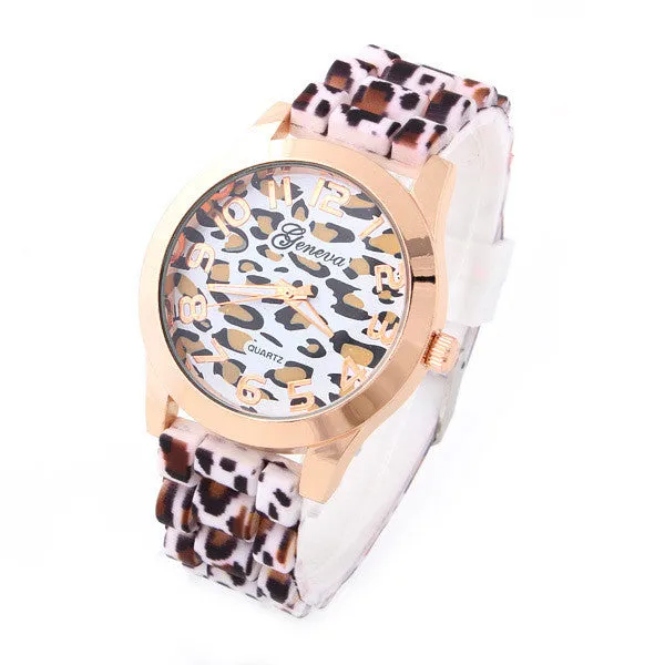 Geneva Fashion Casual Watch Leopard gold color Rubber Band Women Wristwatches Analog Ladies Quartz watch