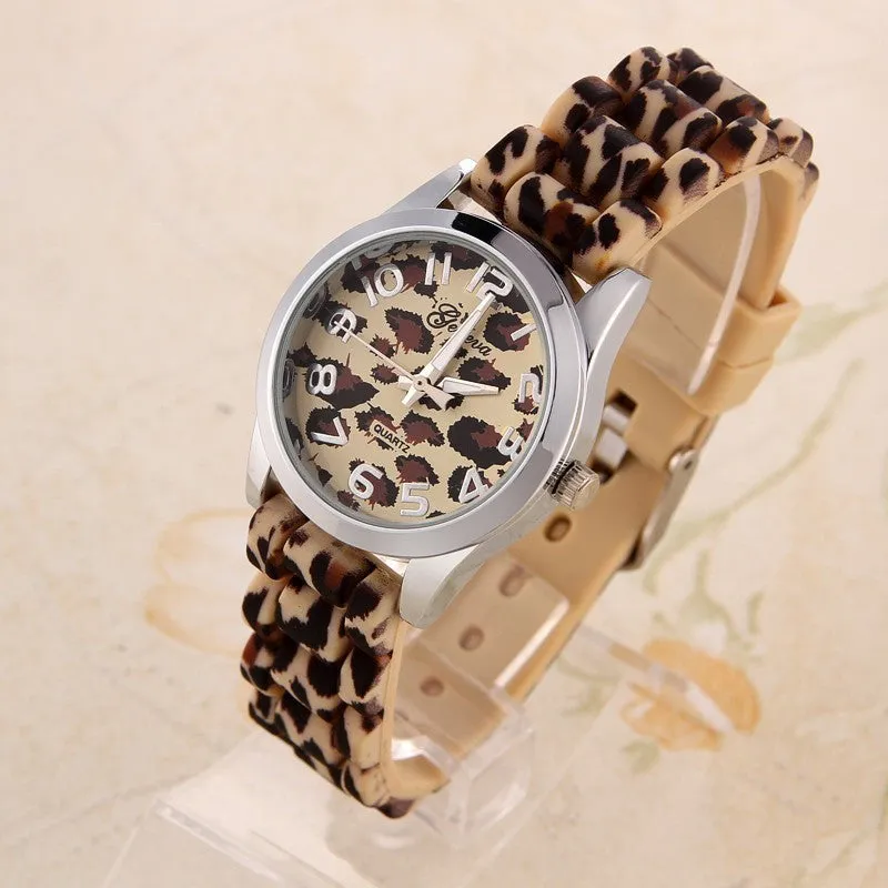 Geneva Fashion Casual Watch Leopard gold color Rubber Band Women Wristwatches Analog Ladies Quartz watch