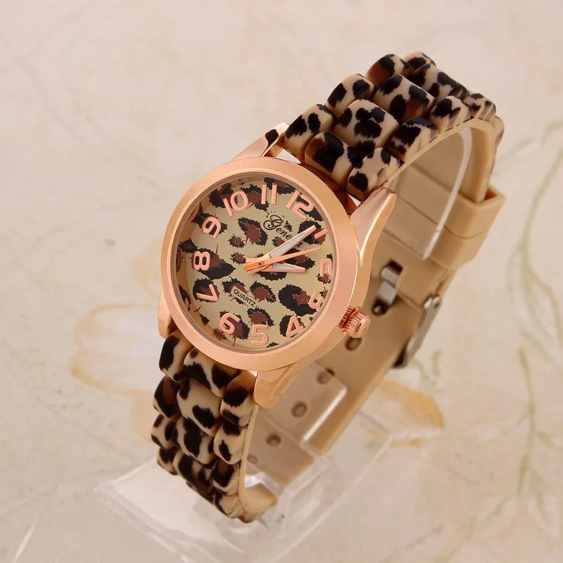 Geneva Fashion Casual Watch Leopard gold color Rubber Band Women Wristwatches Analog Ladies Quartz watch