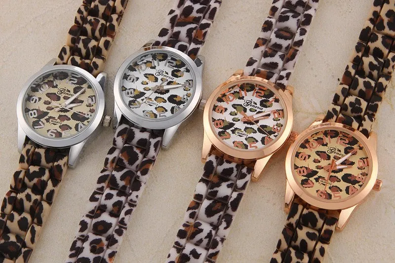 Geneva Fashion Casual Watch Leopard gold color Rubber Band Women Wristwatches Analog Ladies Quartz watch