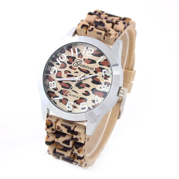 Geneva Fashion Casual Watch Leopard gold color Rubber Band Women Wristwatches Analog Ladies Quartz watch