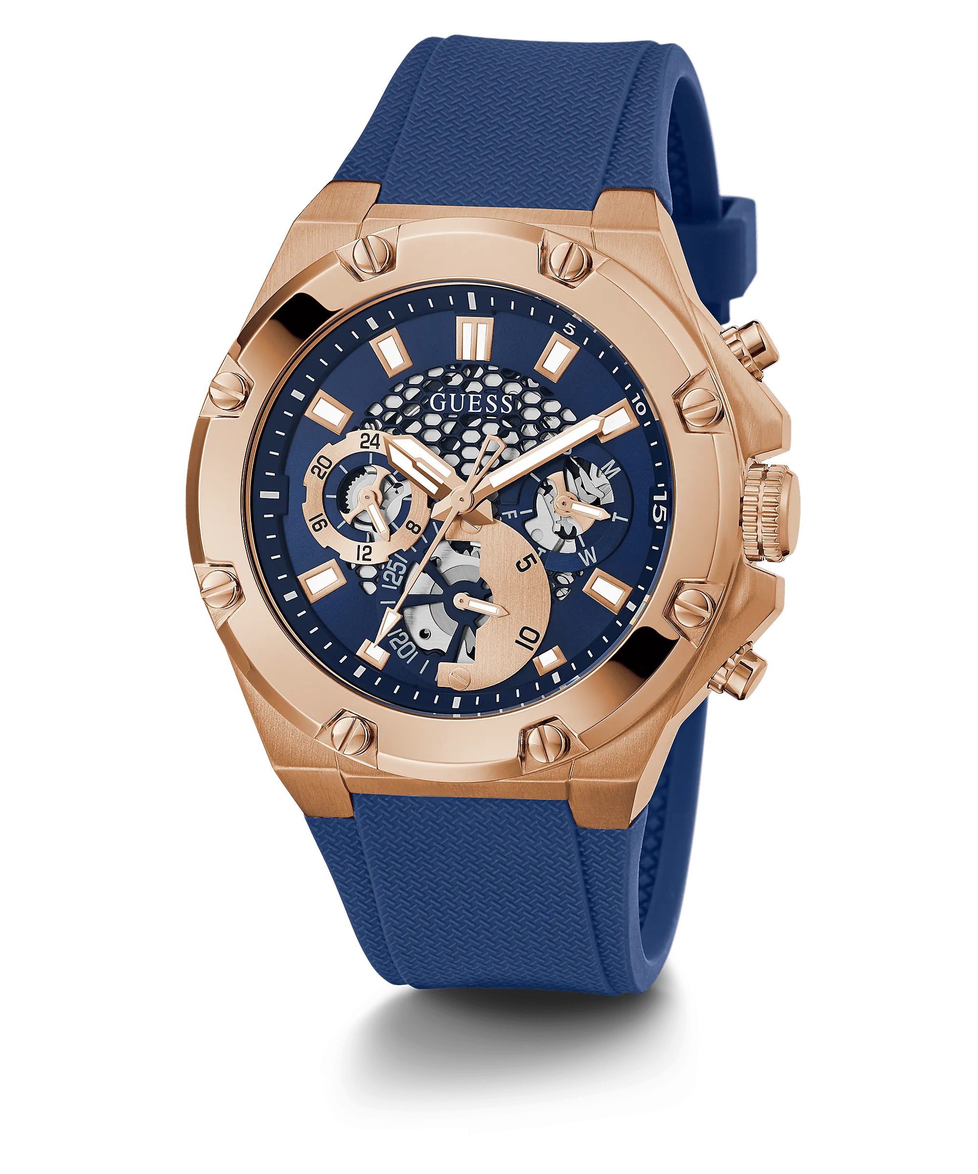 Guess Rose Gold Tone Case Blue Silicone Men's Watch GW0334G3