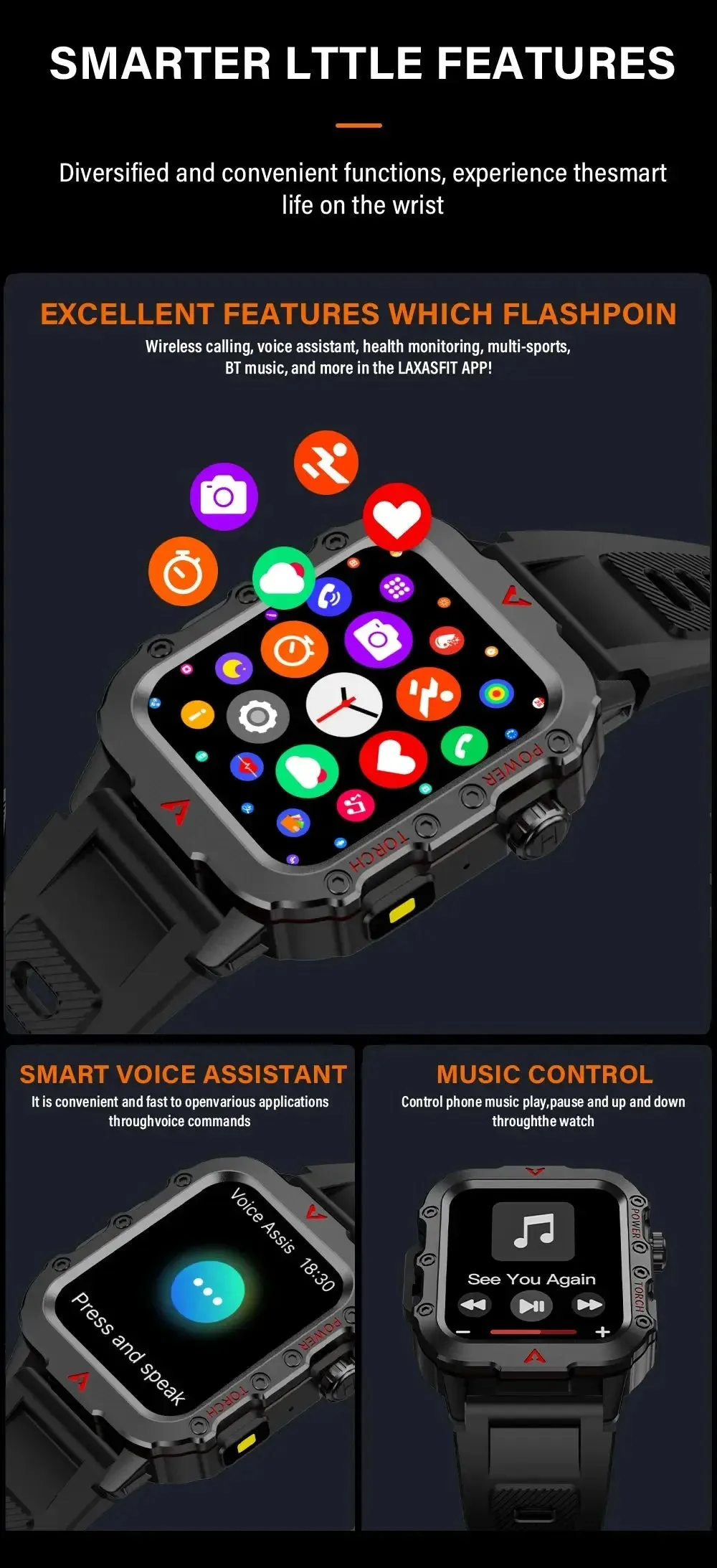 LAXASFIT 2024 Outdoor Military Men's Smart Watch Bluetooth Talk Sports Heart Rate Monitor Smart Watch Android IOS