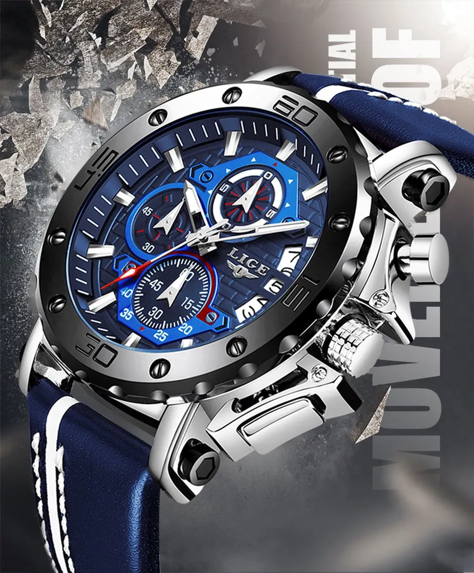 Luxury Big Dial Military Quartz Watch Leather Waterproof Sport Wristwatch