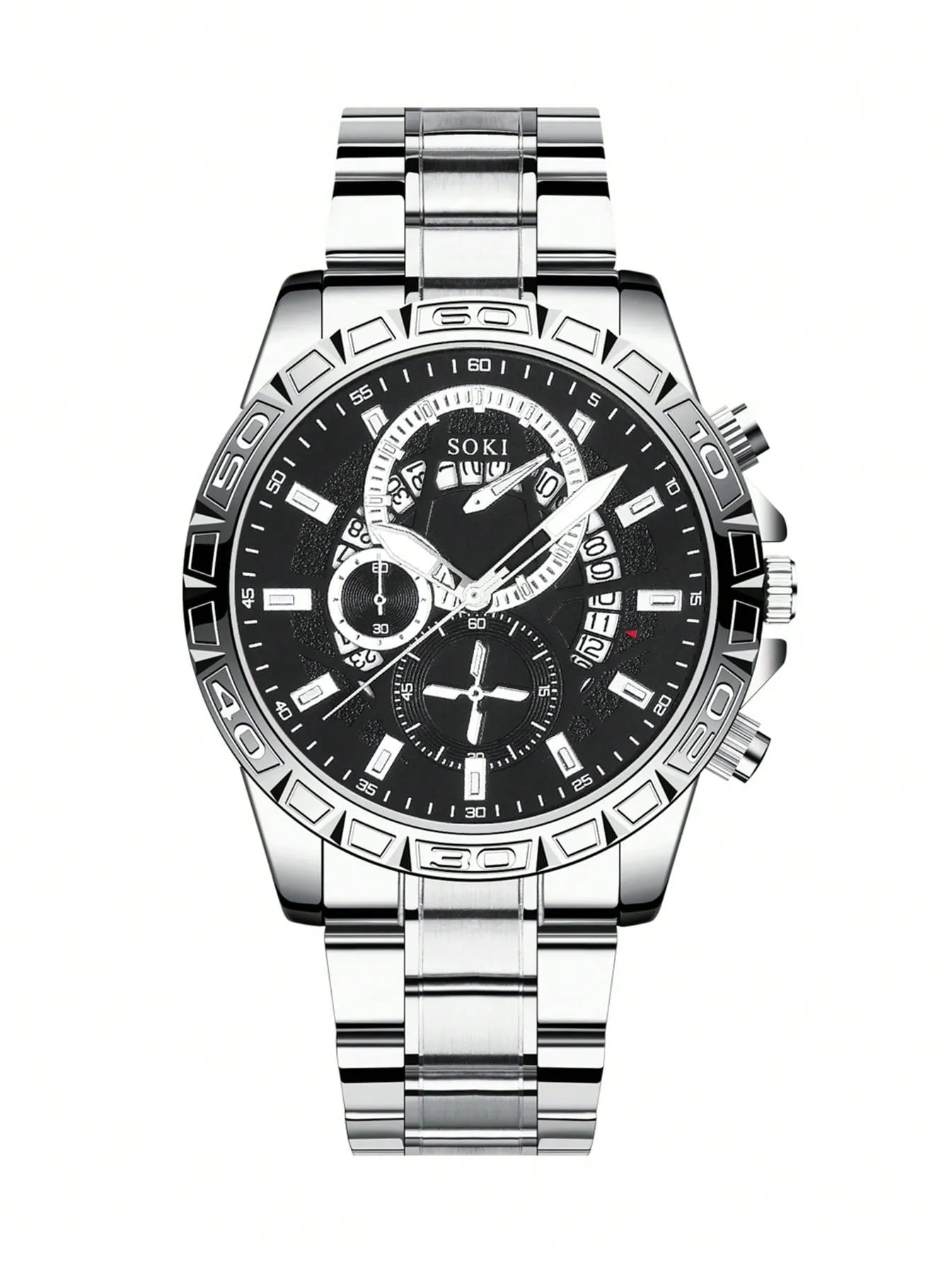 Men's Silver Stainless Steel Calendar Casual Sports Quartz Watch 3pcs/Set