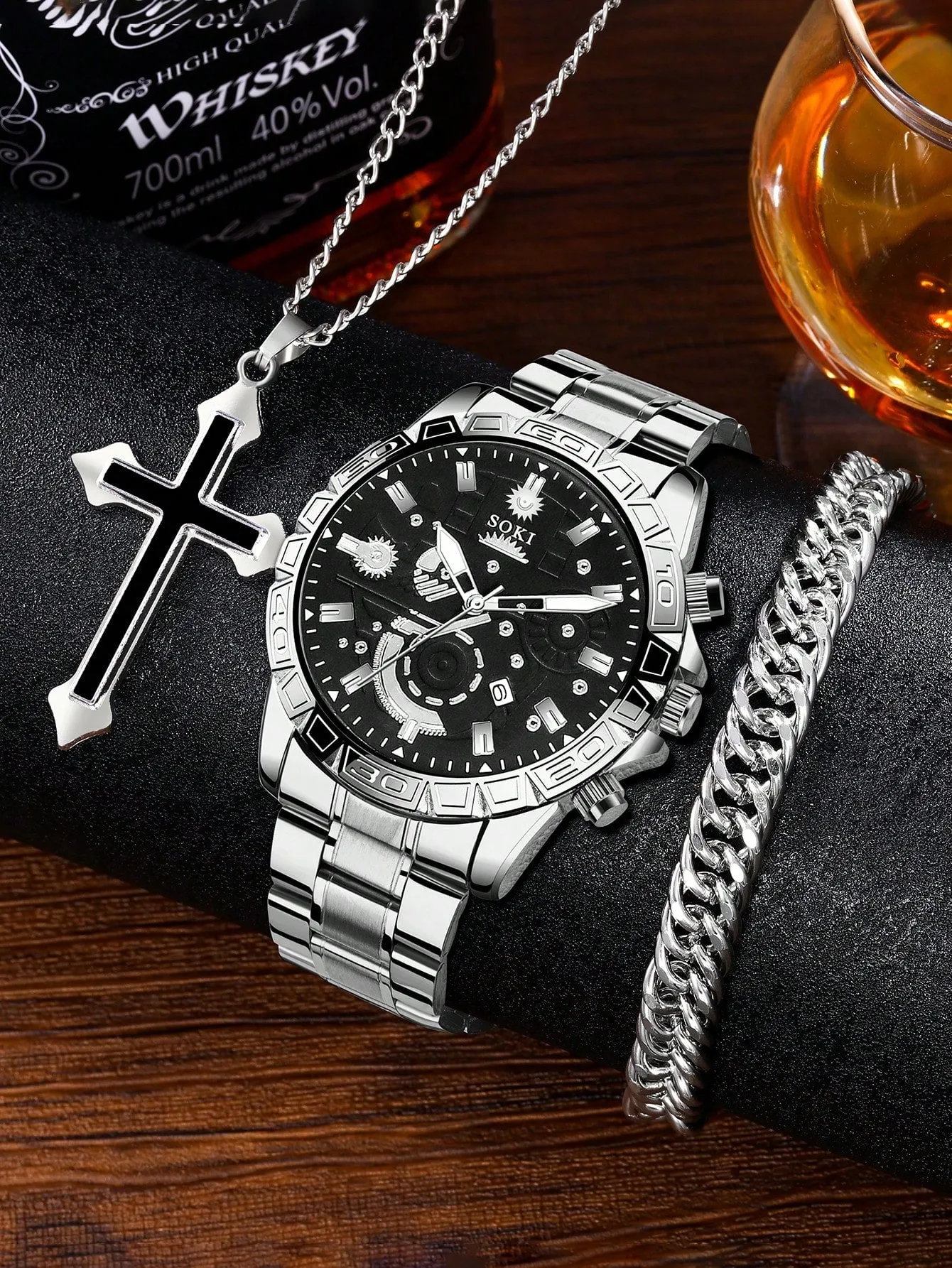 Men's Silver Stainless Steel Calendar Casual Sports Quartz Watch 3pcs/Set
