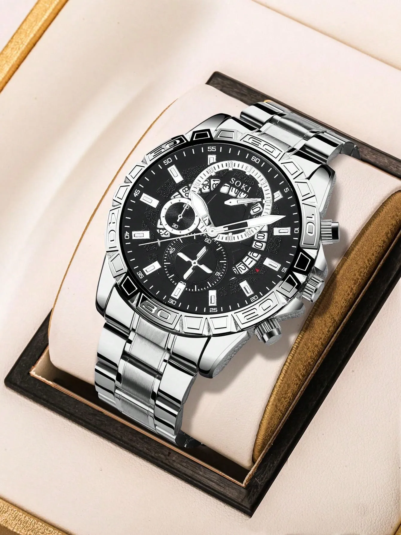 Men's Silver Stainless Steel Calendar Casual Sports Quartz Watch 3pcs/Set