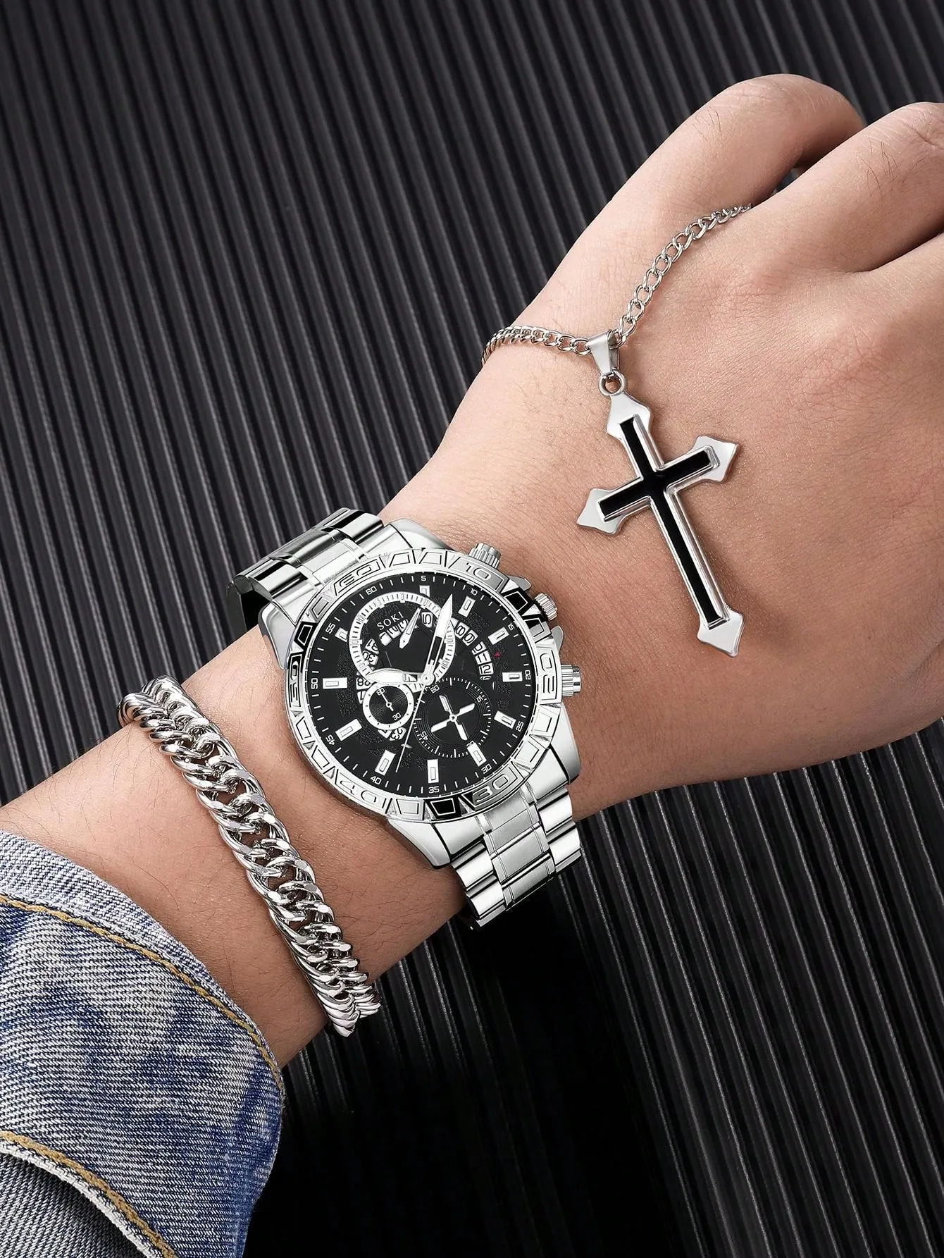 Men's Silver Stainless Steel Calendar Casual Sports Quartz Watch 3pcs/Set