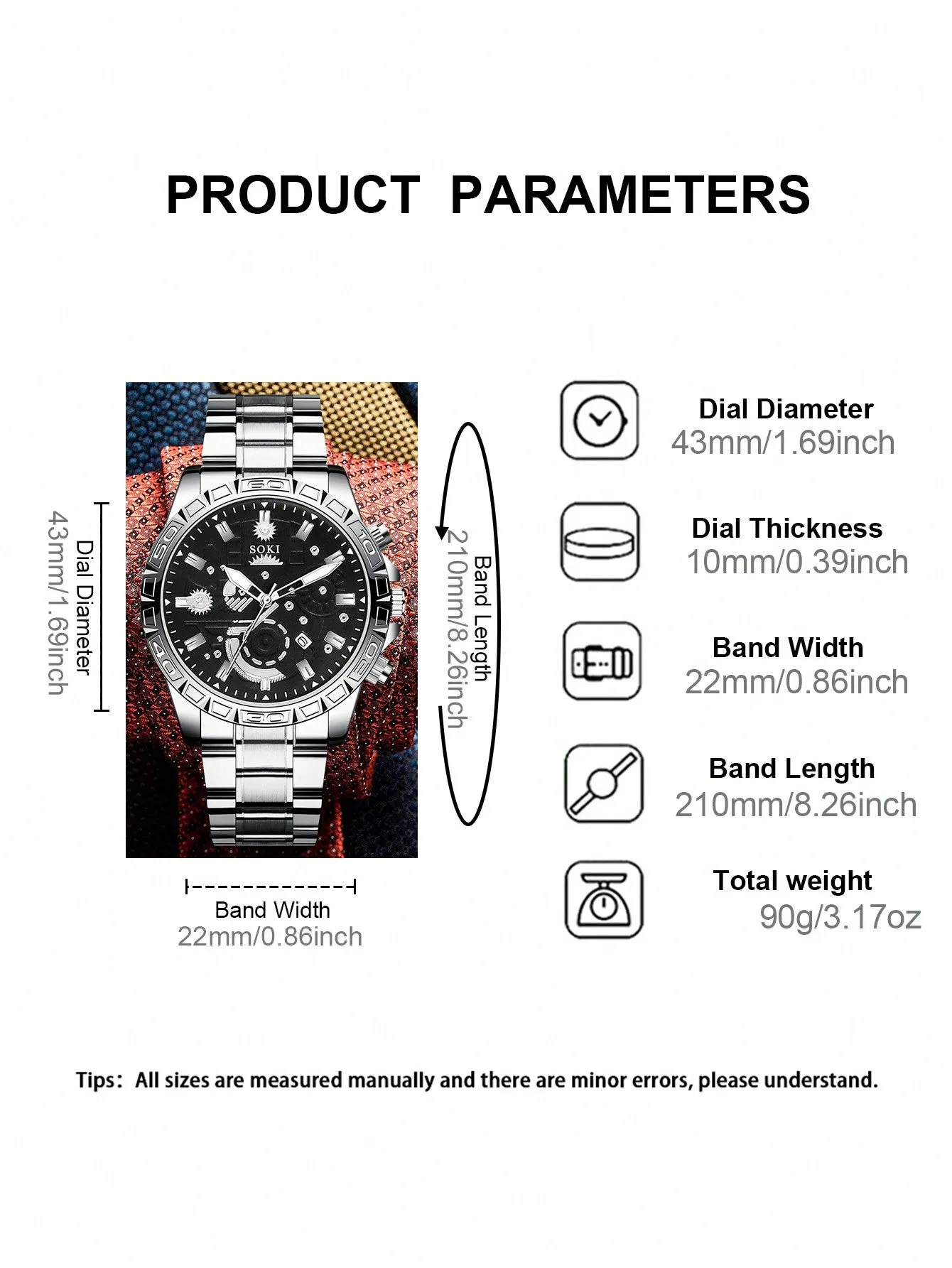 Men's Silver Stainless Steel Calendar Casual Sports Quartz Watch 3pcs/Set