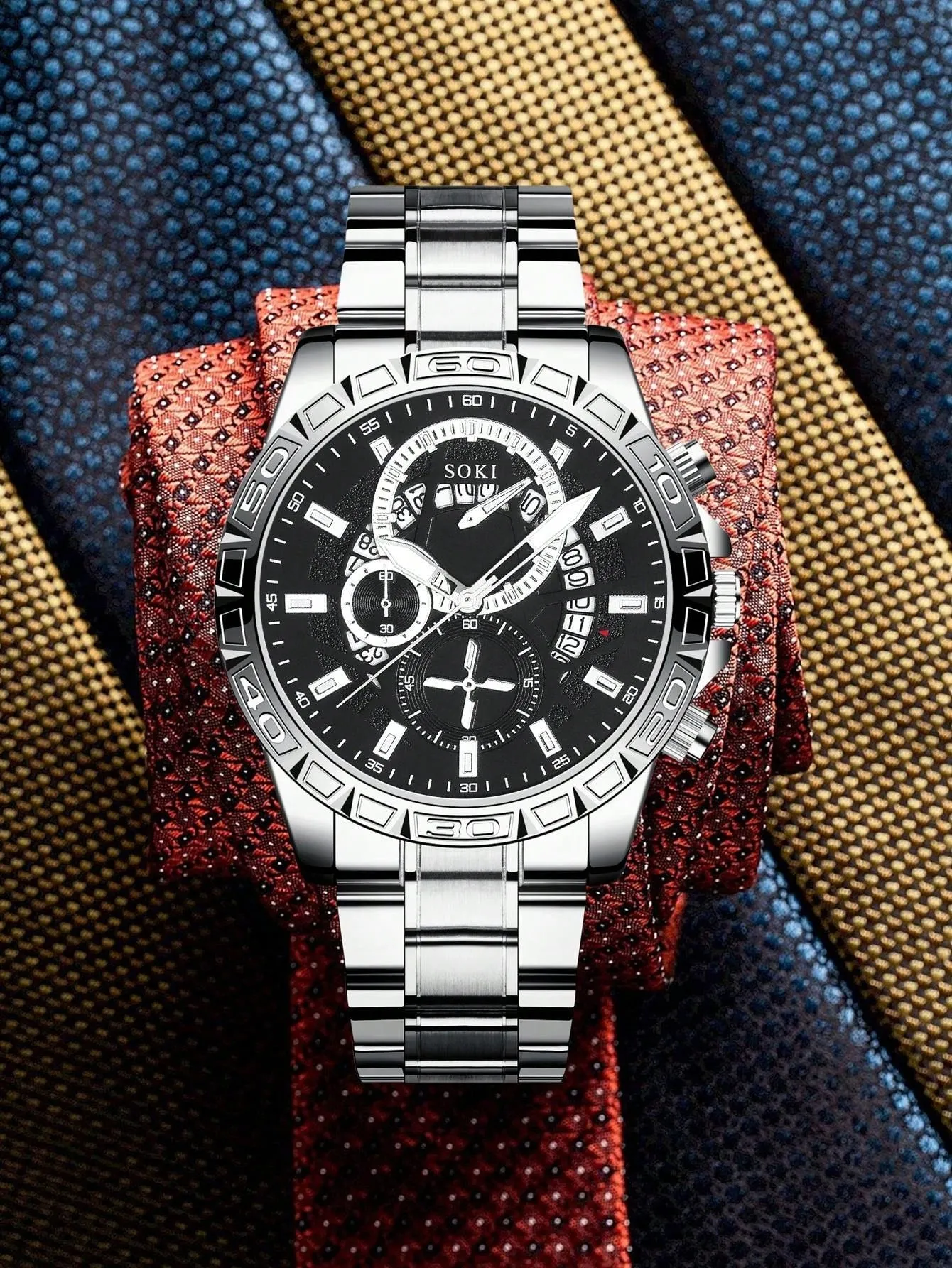 Men's Silver Stainless Steel Calendar Casual Sports Quartz Watch 3pcs/Set