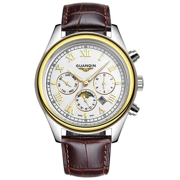 New Arrival Men's Gold Watches Fashion&Casual Leather Strap Moon Phase Business Men Quartz Watches Clock