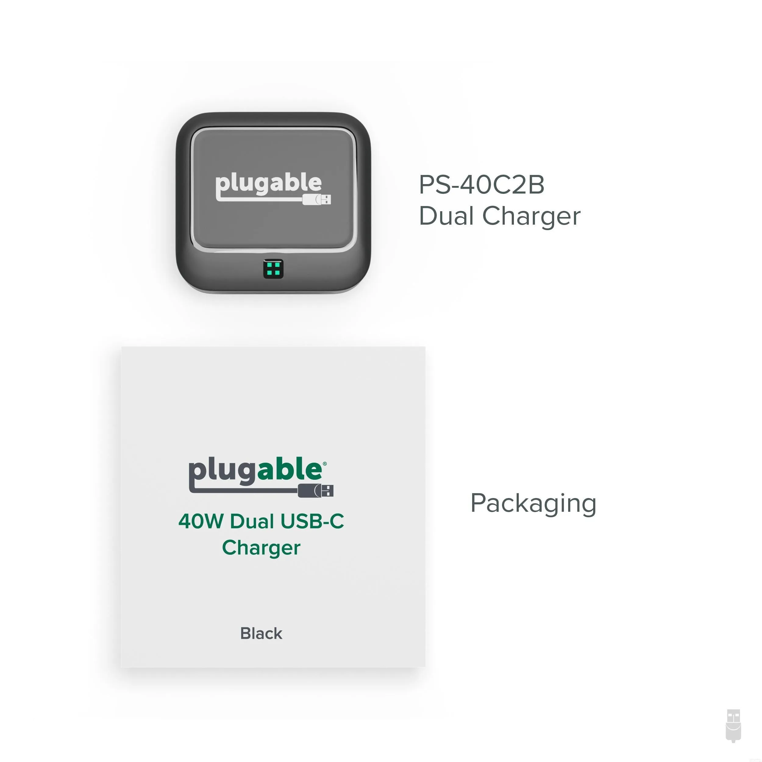 Plugable Dual USB-C Fast Charger, 40W - Black