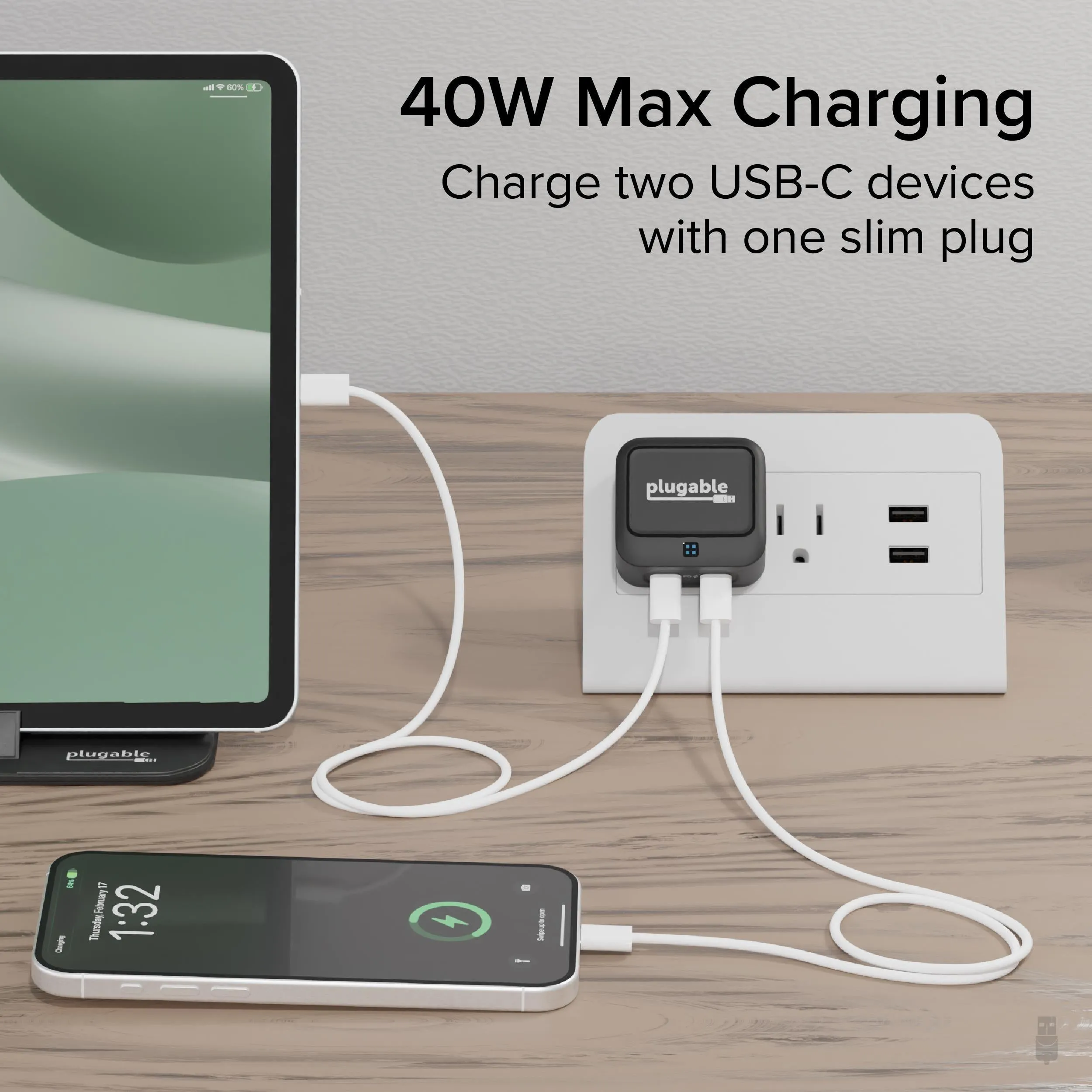Plugable Dual USB-C Fast Charger, 40W - Black
