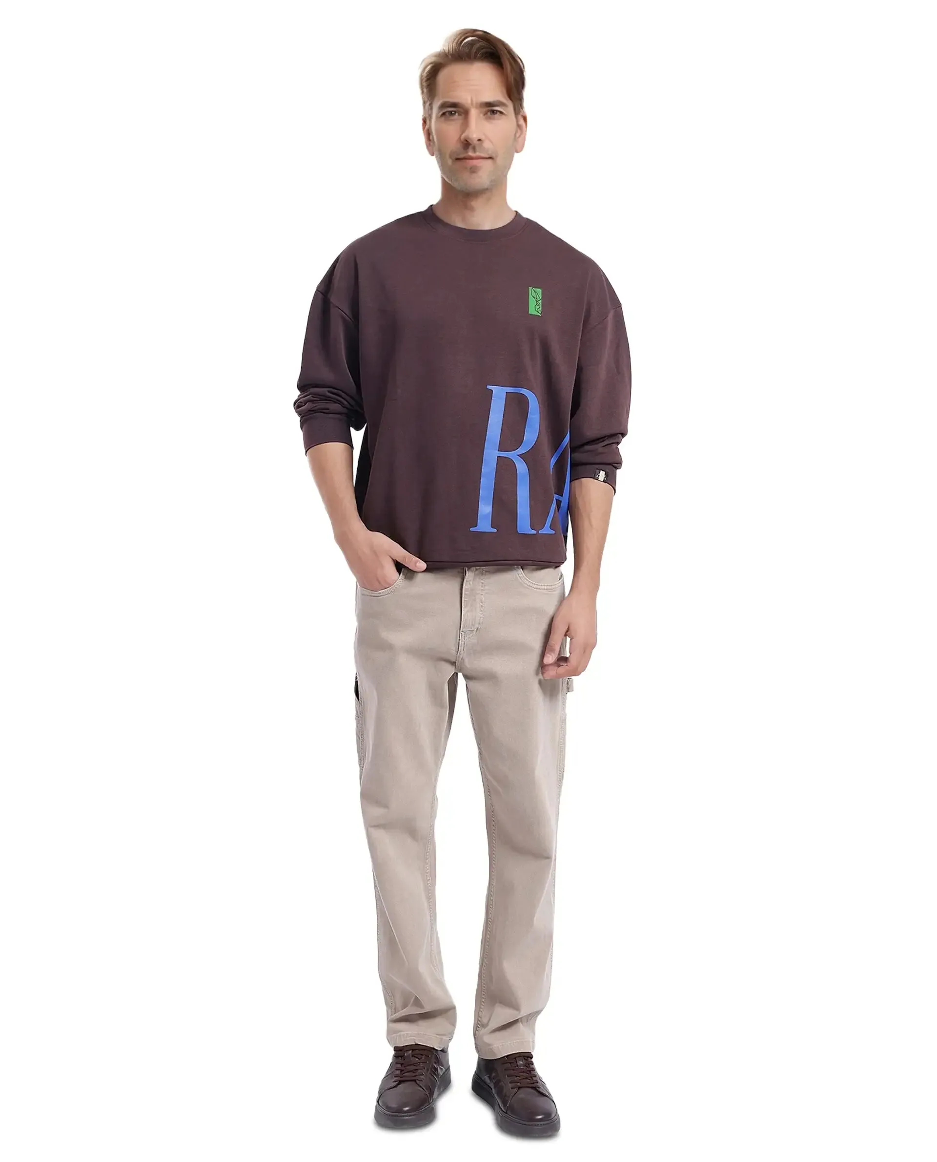 Rare Rabbit Men's Kacey Dark BrownCotton Blend Fabric Full Sleeve Crew Neck Boxy Fit Flock Print Logo and Placement Print Sweatshirt