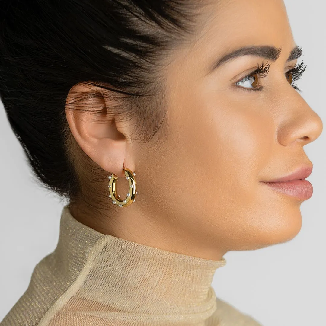 Tarnish Resistant 14k Gold Plated Pearl-Studded Hoop Earrings