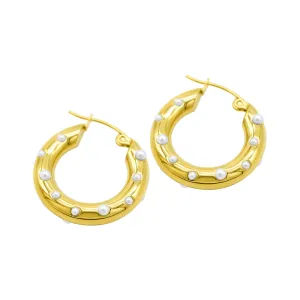 Tarnish Resistant 14k Gold Plated Pearl-Studded Hoop Earrings