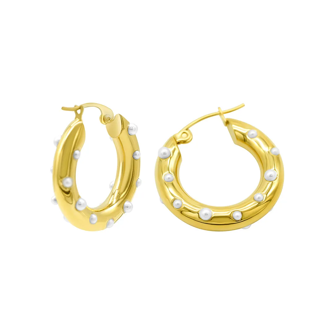 Tarnish Resistant 14k Gold Plated Pearl-Studded Hoop Earrings