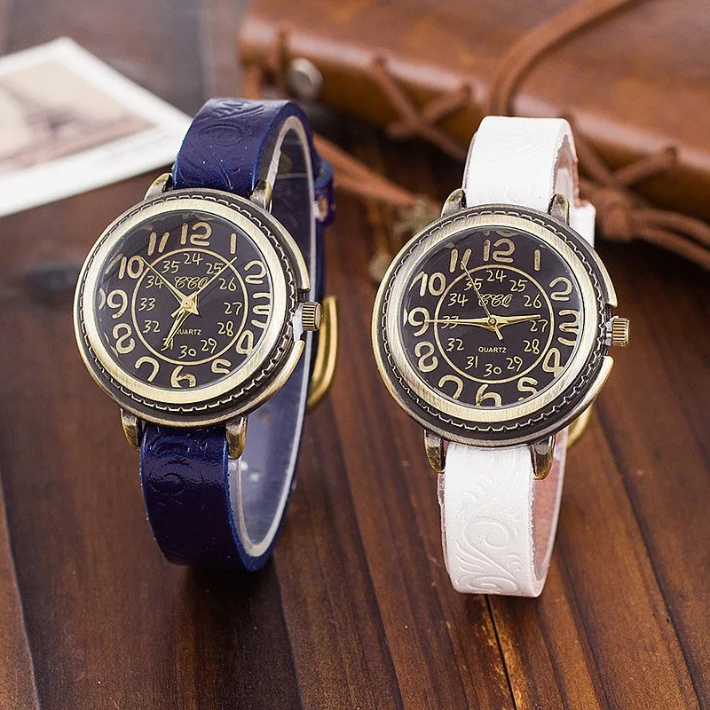 Vintage Cow Leather Bracelet Watch Women Flower Engraved WristWatch Casual Luxury Quartz Watch
