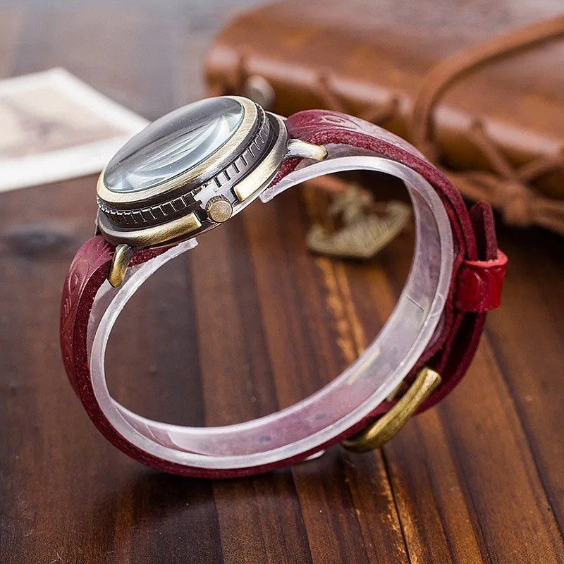 Vintage Cow Leather Bracelet Watch Women Flower Engraved WristWatch Casual Luxury Quartz Watch