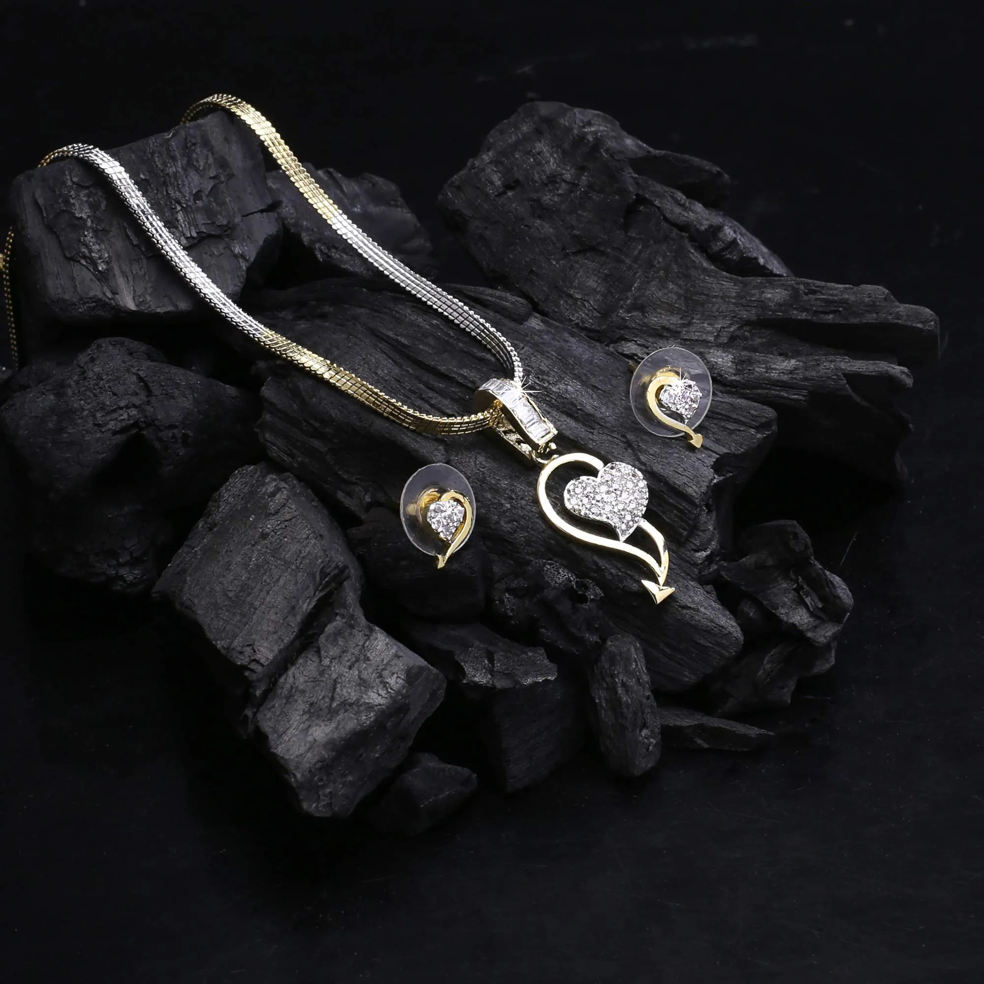 Yellow Chimes American Diamond Pendant Set for Women Gold Plated High Grade Authentic White Heart AD Jewellery Pendant Set for Women and Girls